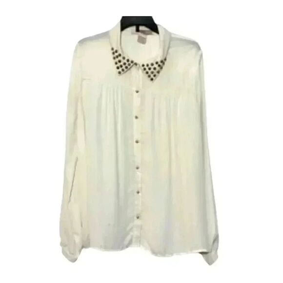 Love 21 Forever 21 Women's Ivory Poly Georgette Button Front Gold Studded & Gold - Picture 2 of 12